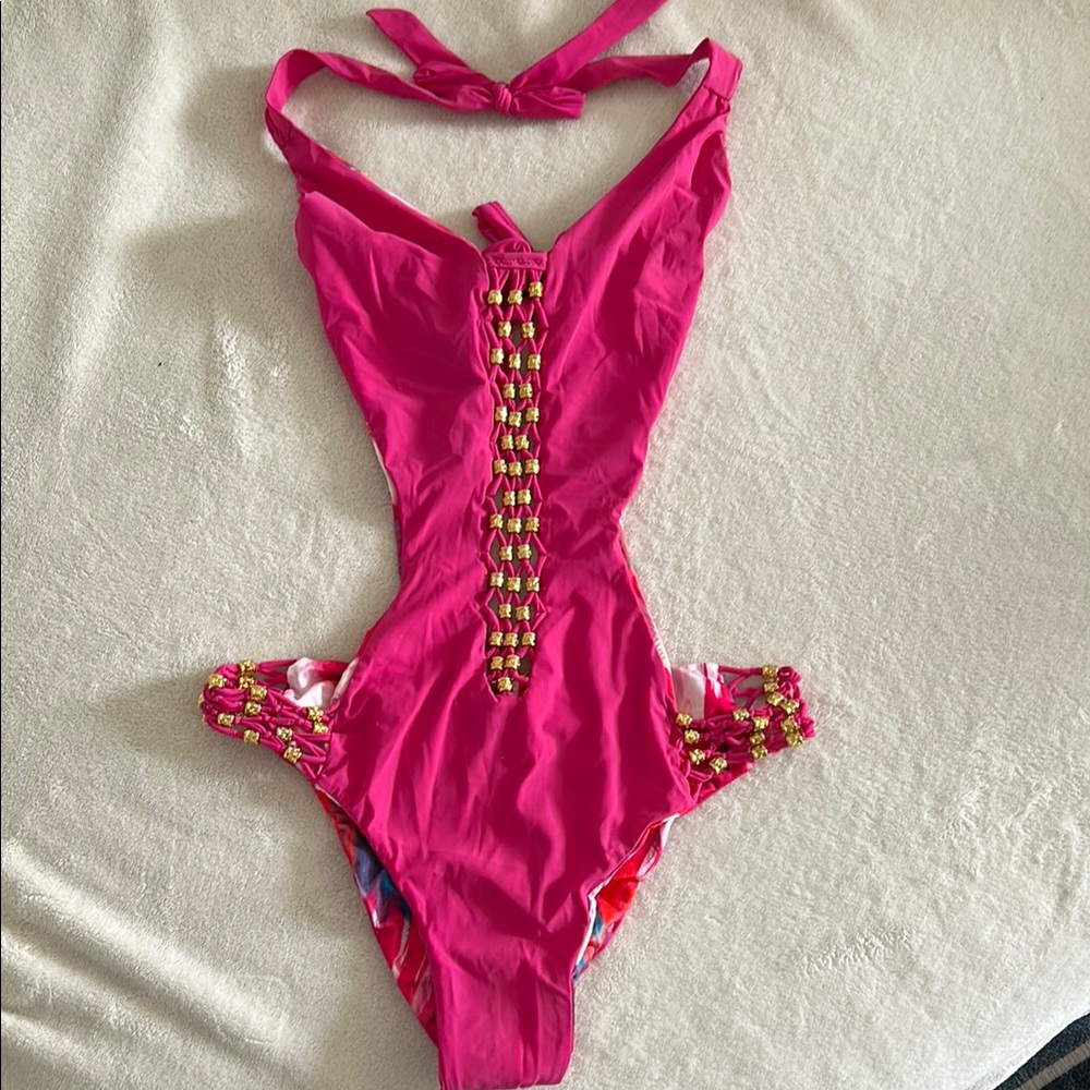 Beach Bunny Reversible Pink/Multi Color One-Piece Swimsuit w Gold Bead Accents